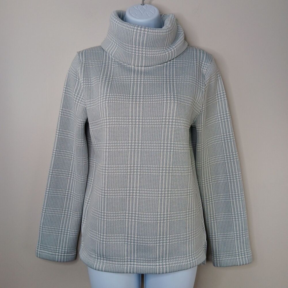 J Crew Sweater Women's Small Funnel Neck Plaid Fleece Lined Sweatshirt Gray Cozy